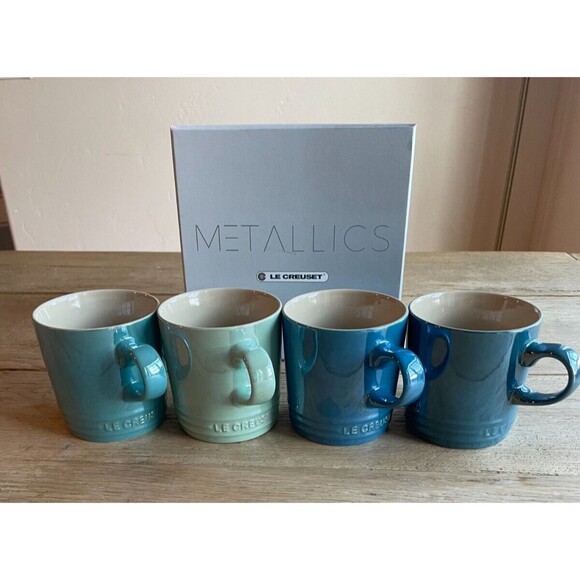 Le Creuset Other - NEW Le Creuset Stoneware Metallics Green Blue Set of 4, 12 oz / 350ml Mugs